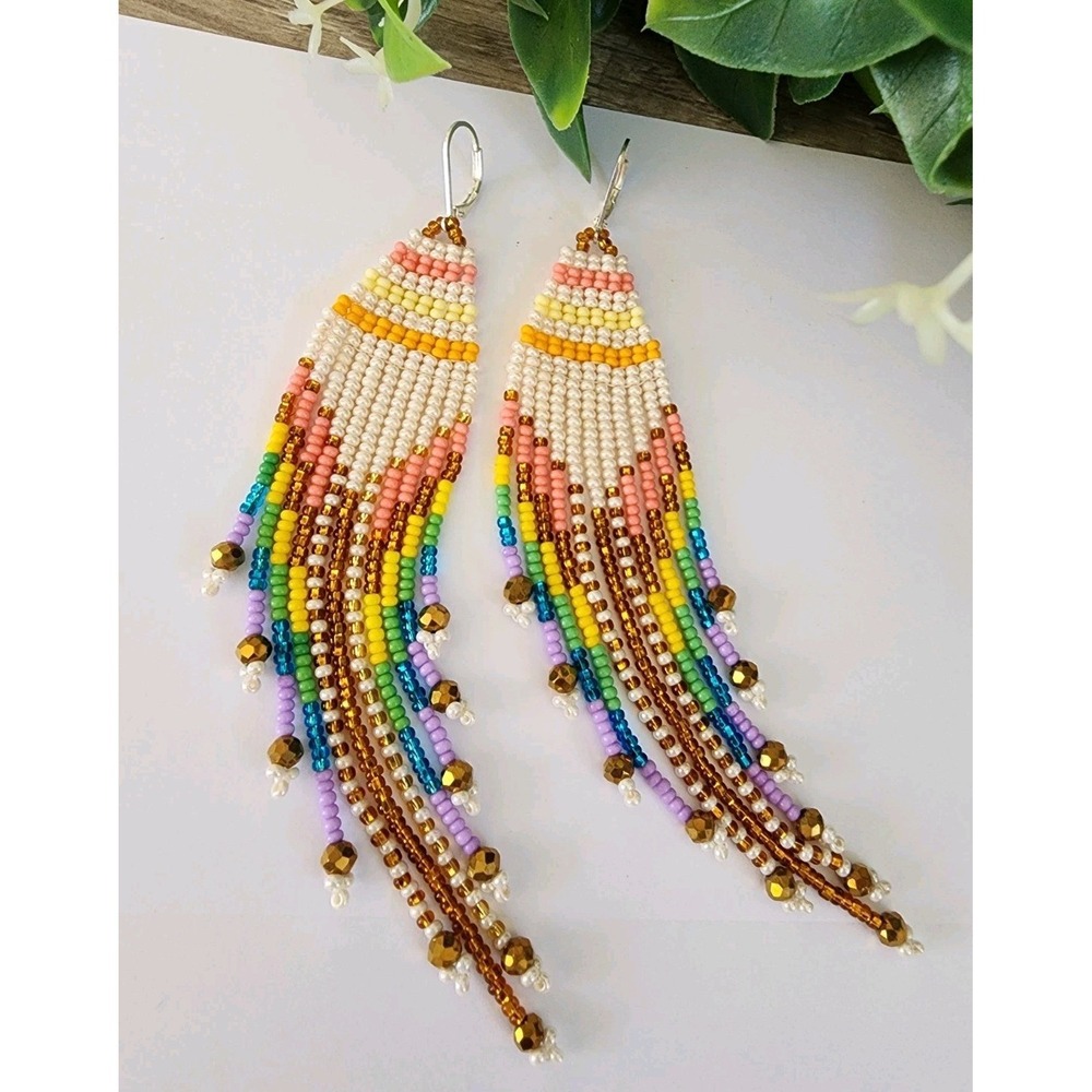 Elegant Women's  Long Beaded Earrings. Multicolor, Leght 5 In